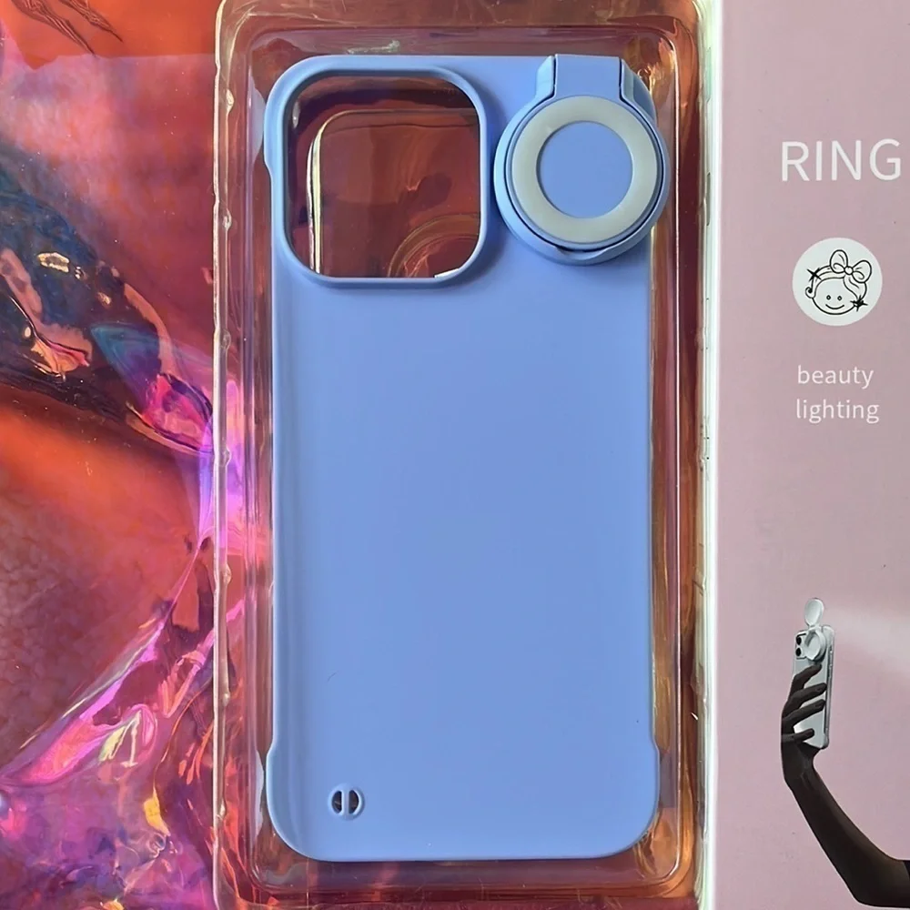 Brand New Selfie Ring Light Flip Phone Case for iPhone 14 Pro Max 3 Modes Blue